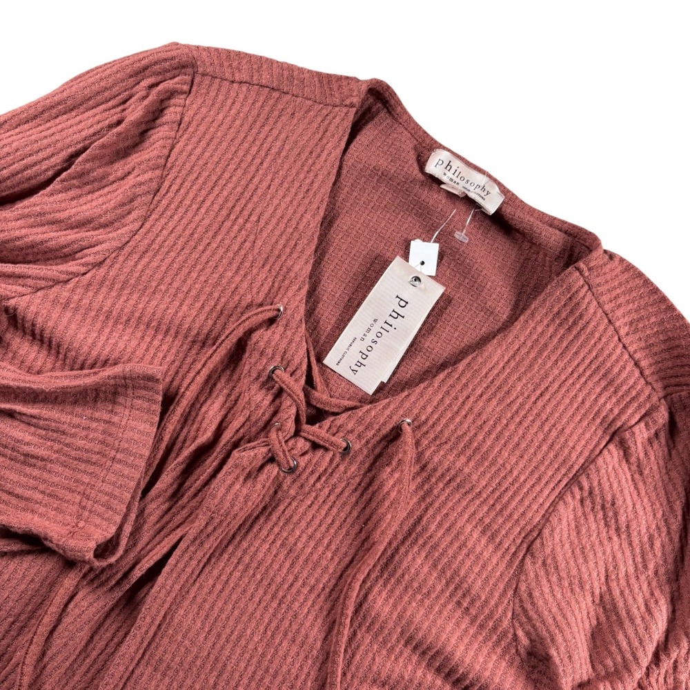 NWT Philosophy Waffle Knit Top Womens 2X Rose Pink Lace Up V-Neck Boho Festival